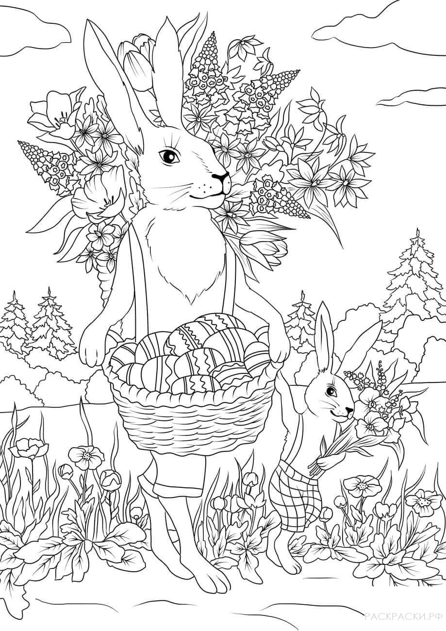 Раскраска Семья кроликов и пасхальные яйца