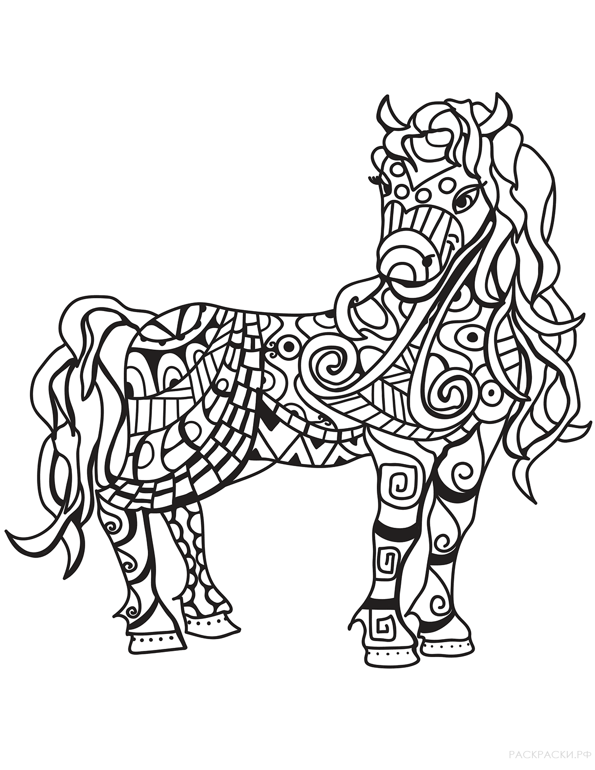 Раскраска Лошадь в технике дзентангл