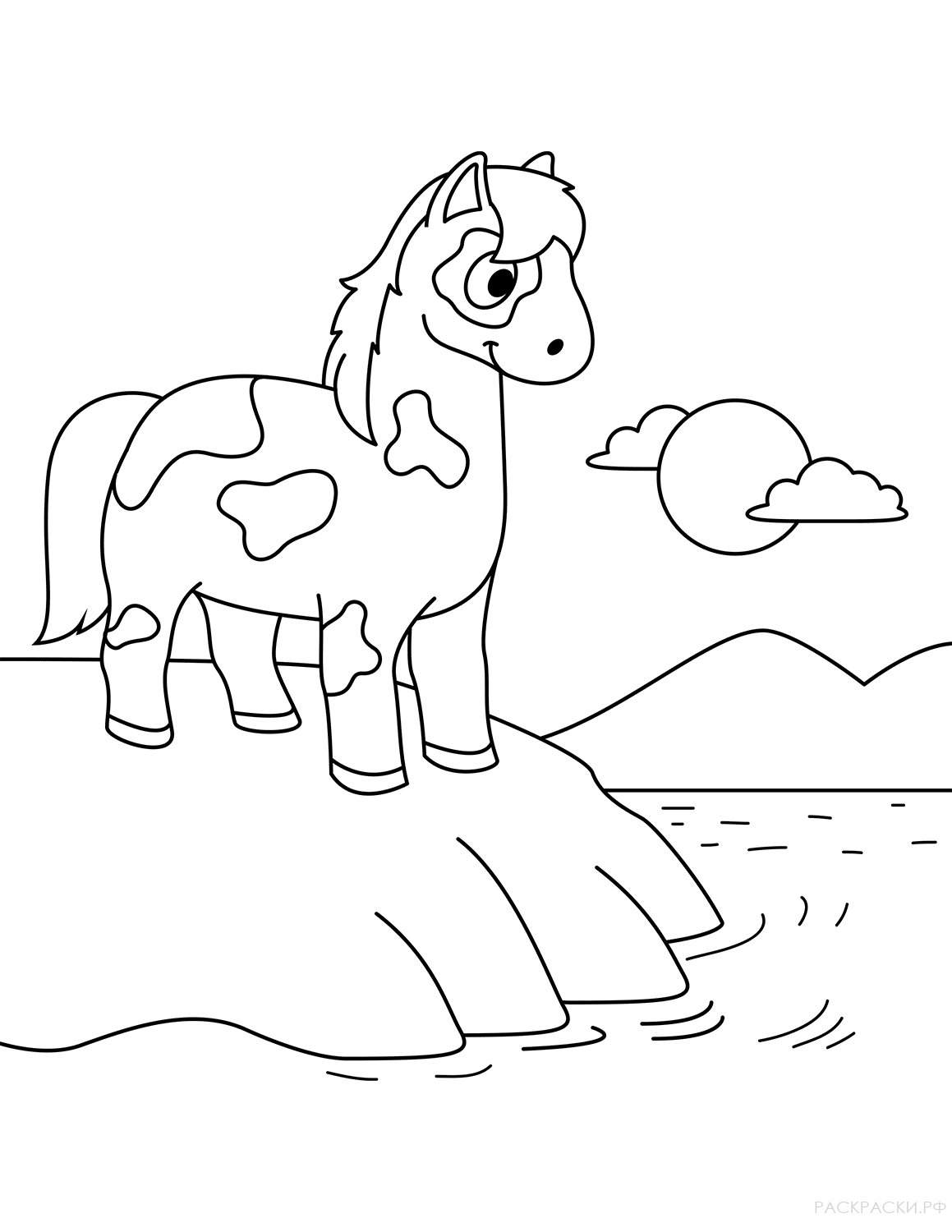 Раскраска Милая лошадка стоит на берегу моря
