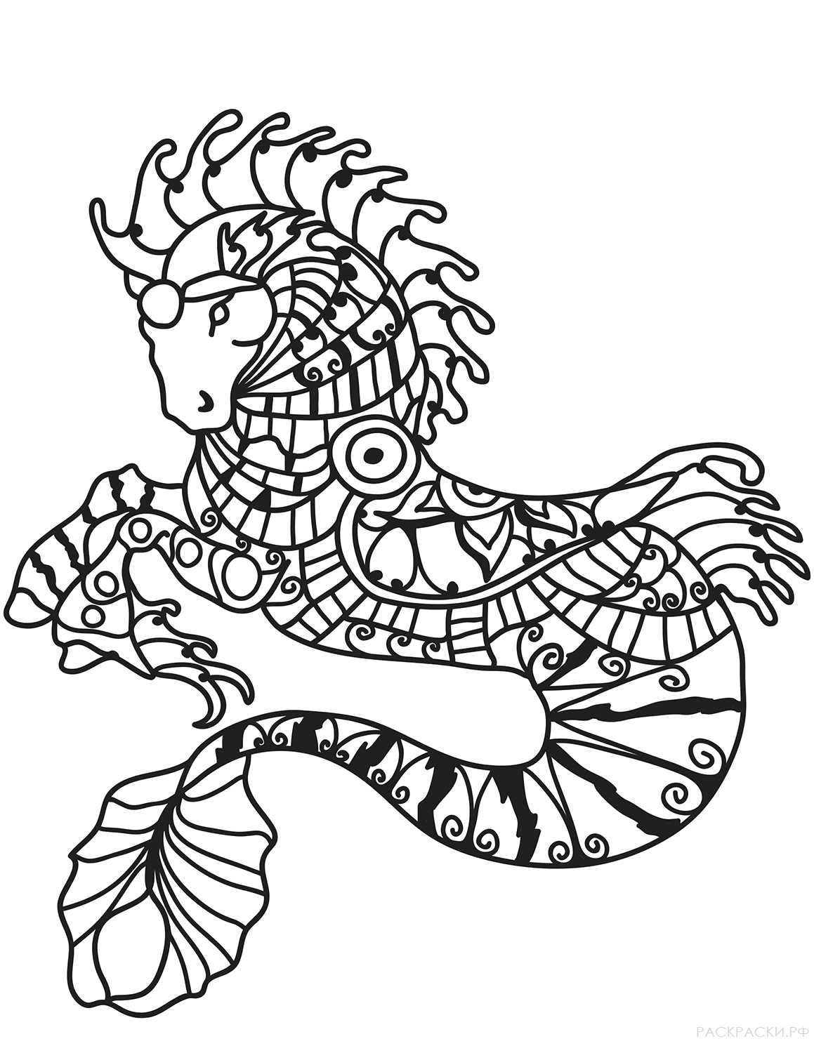 Раскраска Морской конёк в технике дзентангл