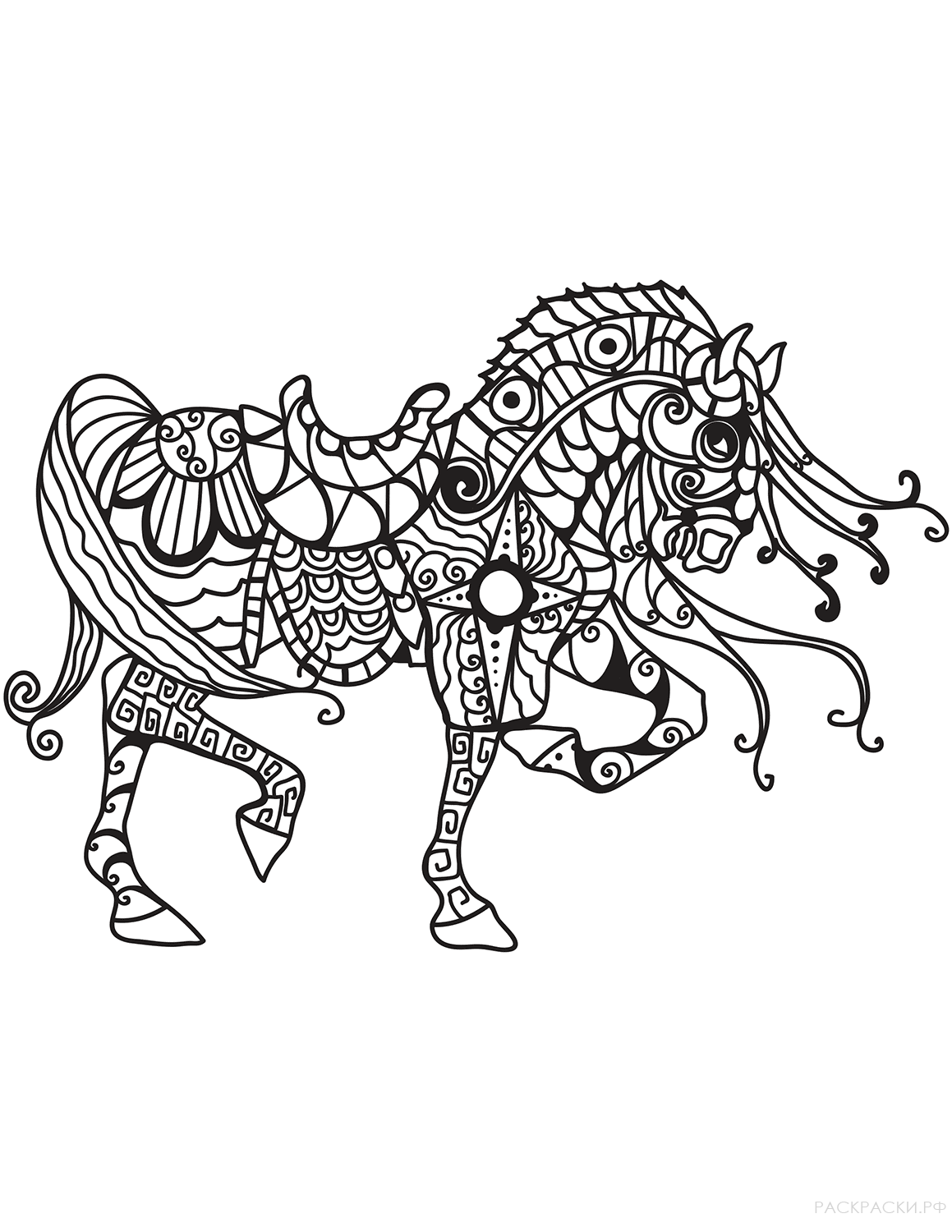 Раскраска Лошадь в технике дзентангл