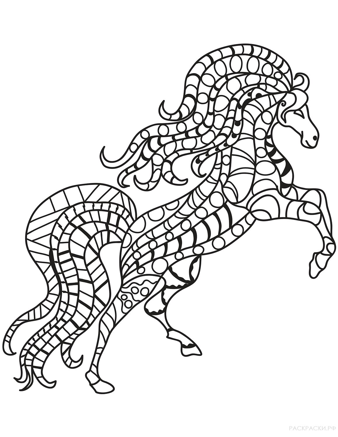 Раскраска Лошадь на дыбах в технике дзентангл
