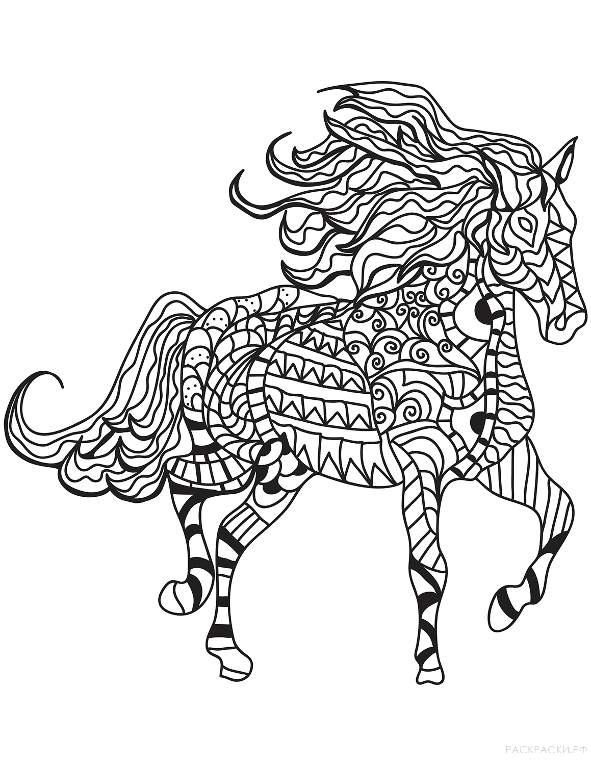 Раскраска Лошадь в технике дзентангл 6