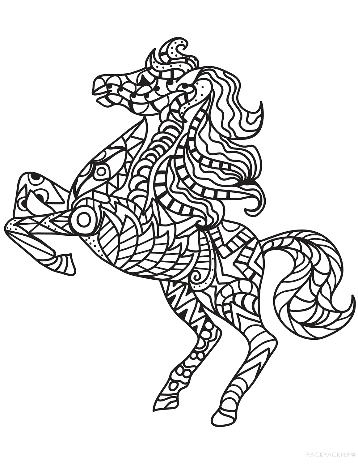 Раскраска Лошадь на дыбах в технике дзентангл