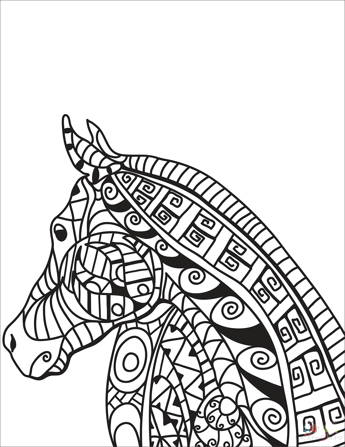 Раскраска Голова лошади в технике дзентангл 3