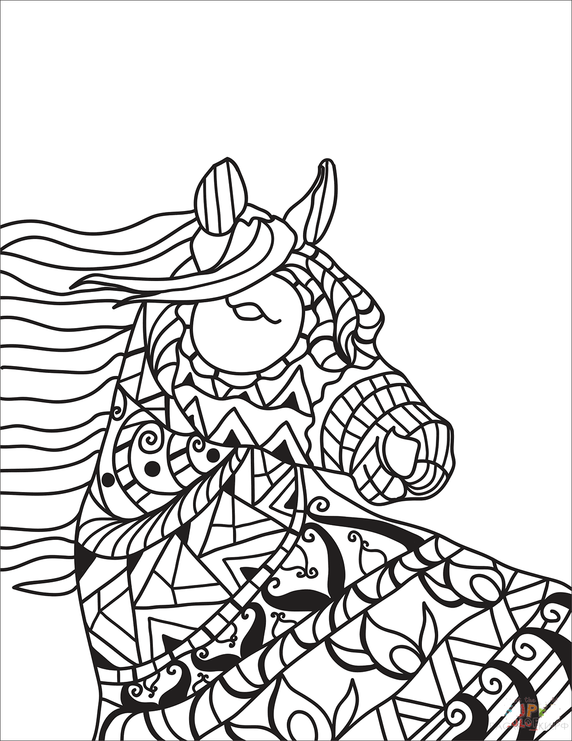 Раскраска Голова лошади в технике дзентангл 6