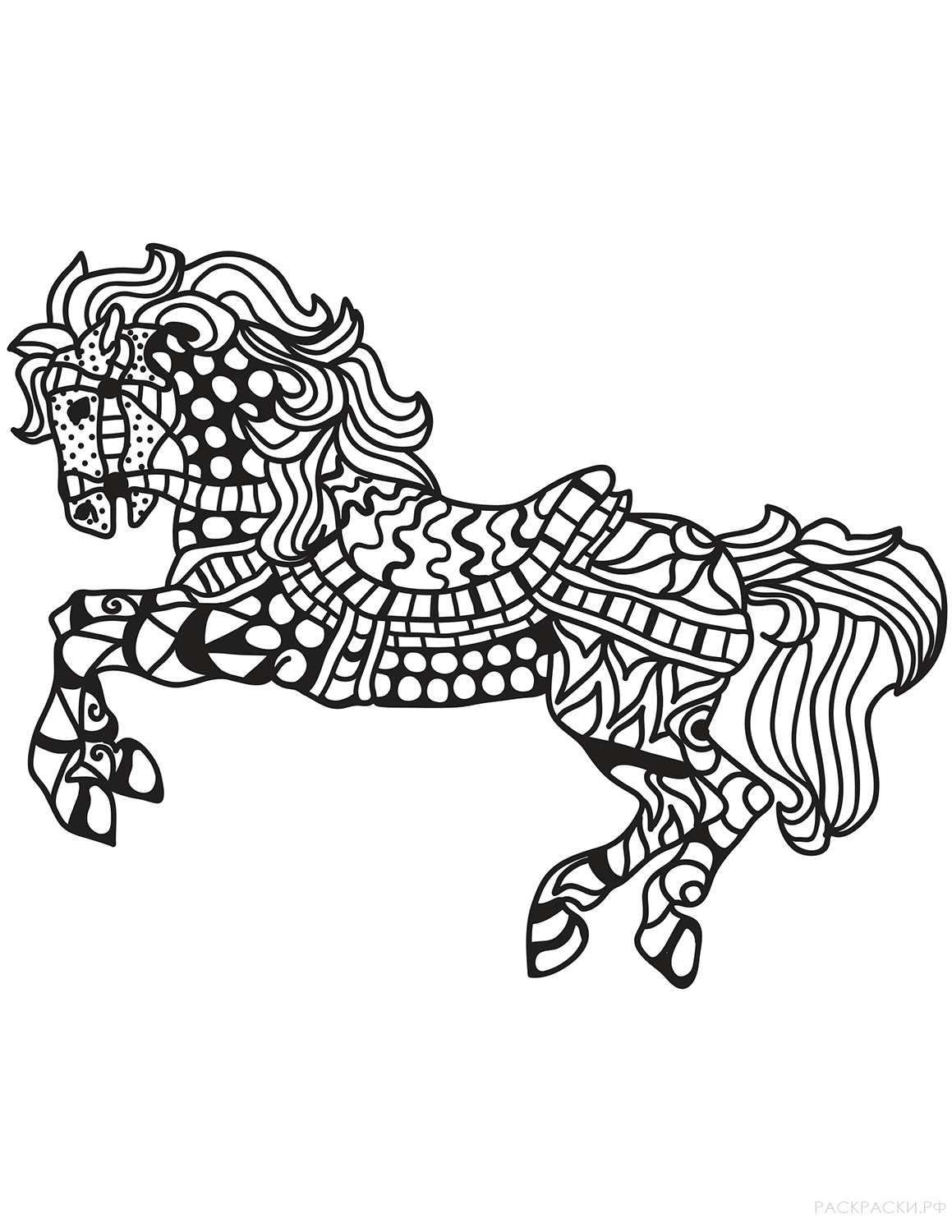 Раскраска Лошадь, бегущая галопом, в технике дзентангл