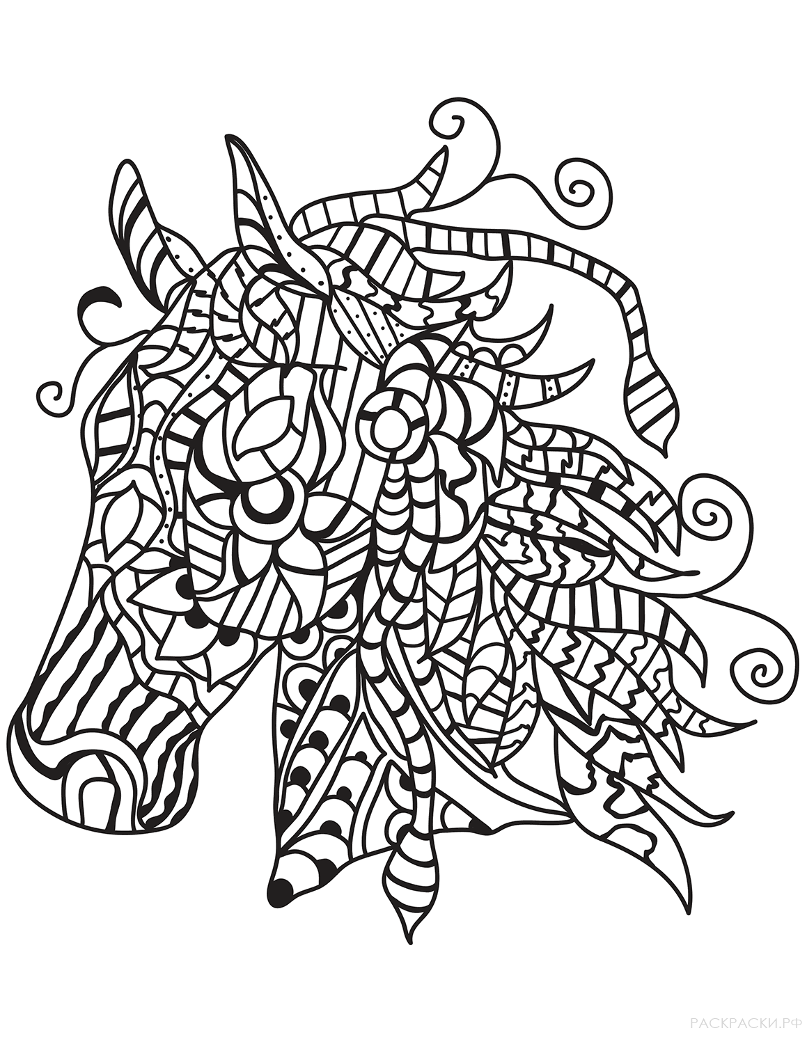 Раскраска Голова лошади в технике дзентангл 8
