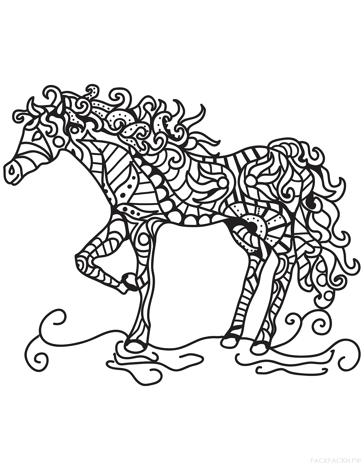 Раскраска Лошадь в технике дзентангл 9