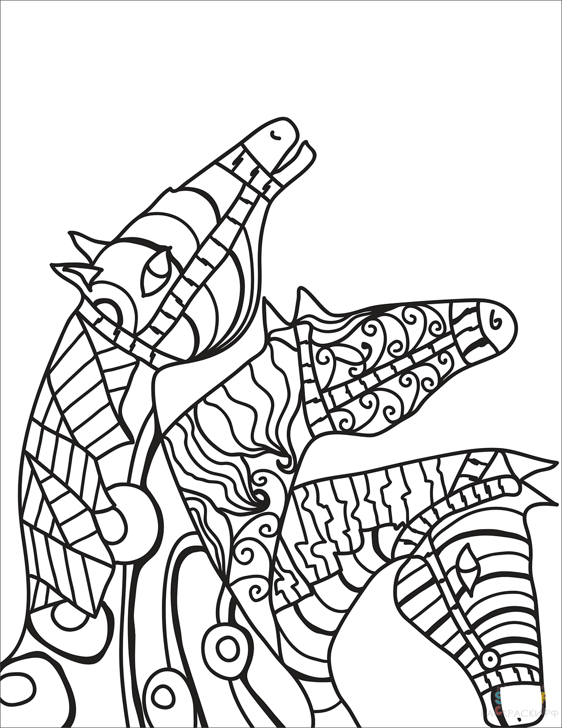 Раскраска Три лошади в технике дзентангл