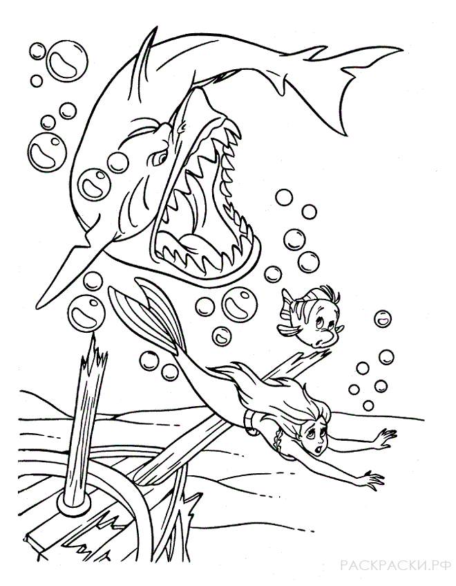 Раскраска Ариэль уплывает от акулы
