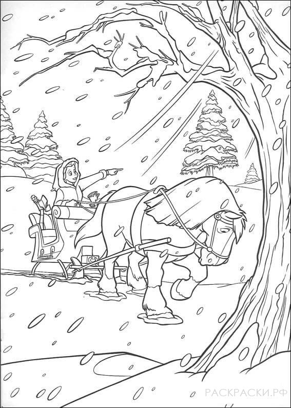 Раскраска Зимняя прогулка Белль в лесу