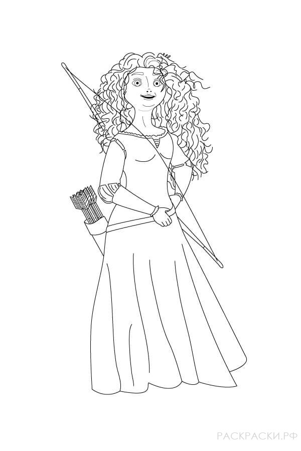 Раскраска Принцесса Мерида с луком и стрелами