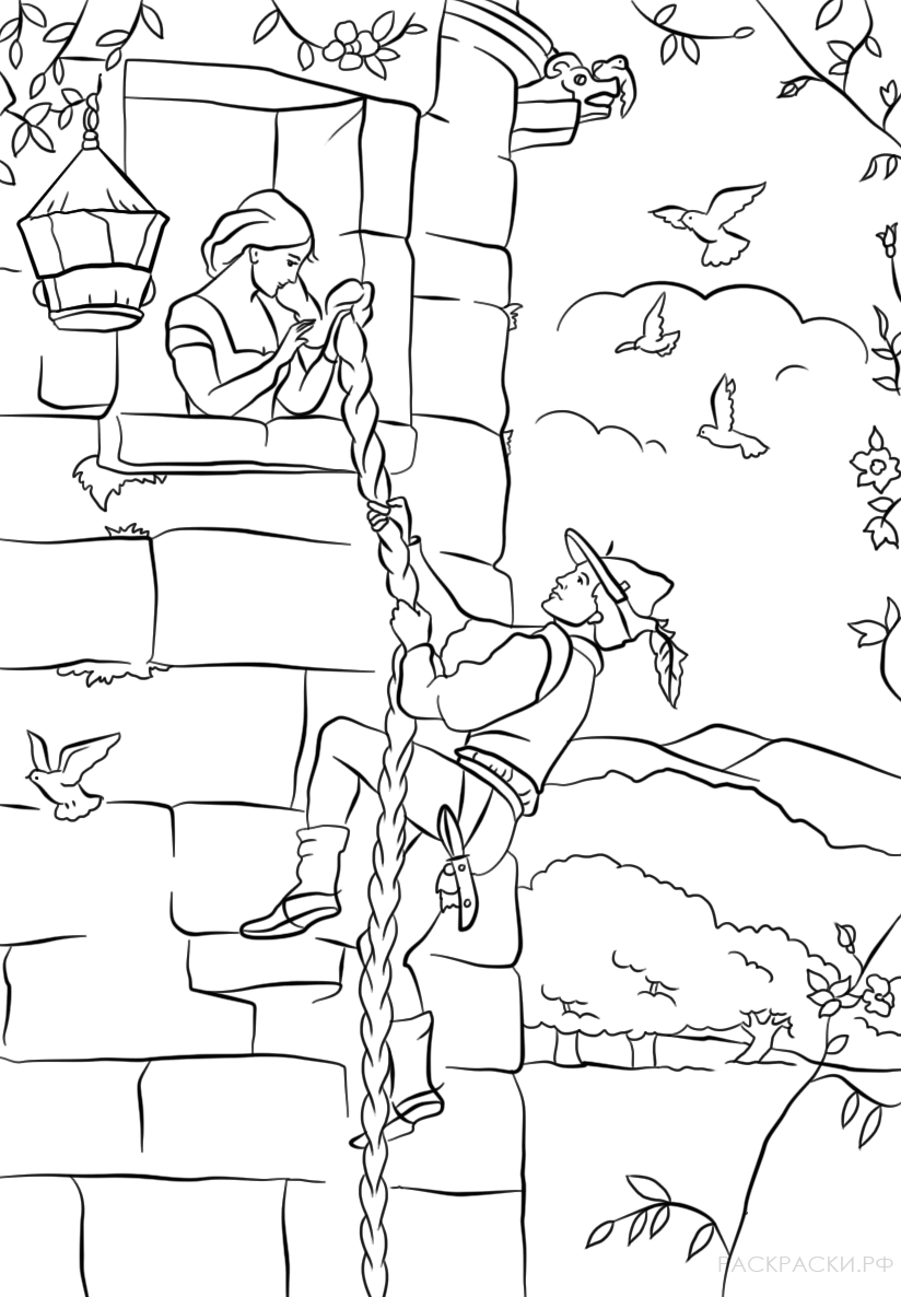 Раскраска Принц карабкается в башню Рапунцель