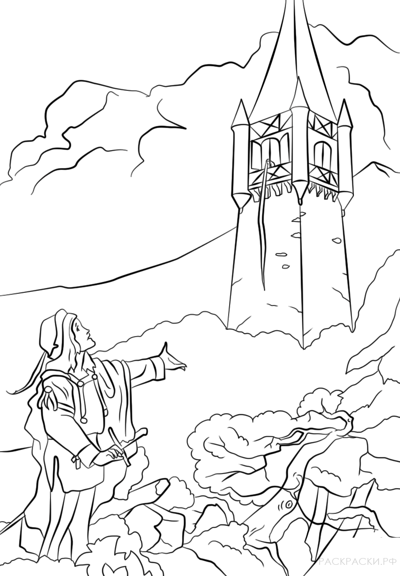 Раскраска Принц и Рапунцель в башне