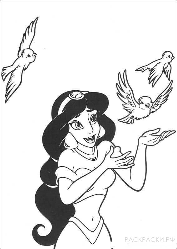 Раскраска Принцесса Жасмин и голуби