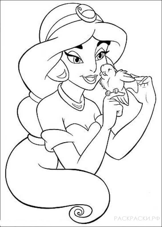 Раскраска "Принцесса Жасмин и птенец"