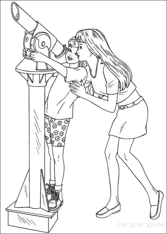 Раскраска "Барби с дочкой и телескоп"