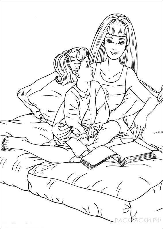 Раскраска "Барби с дочкой читают книгу"
