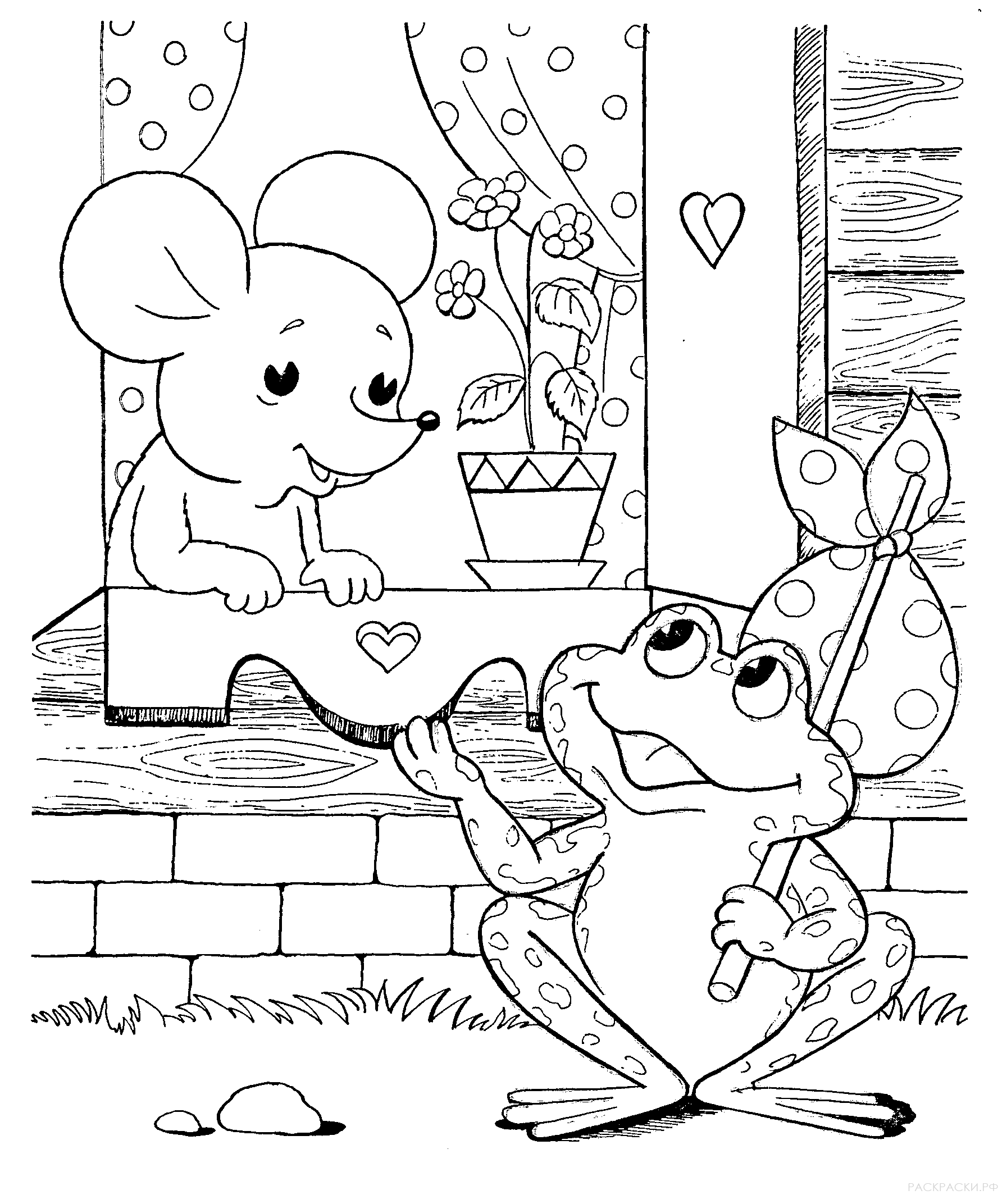 Раскраска "Лягушка просится к мышке в теремок"