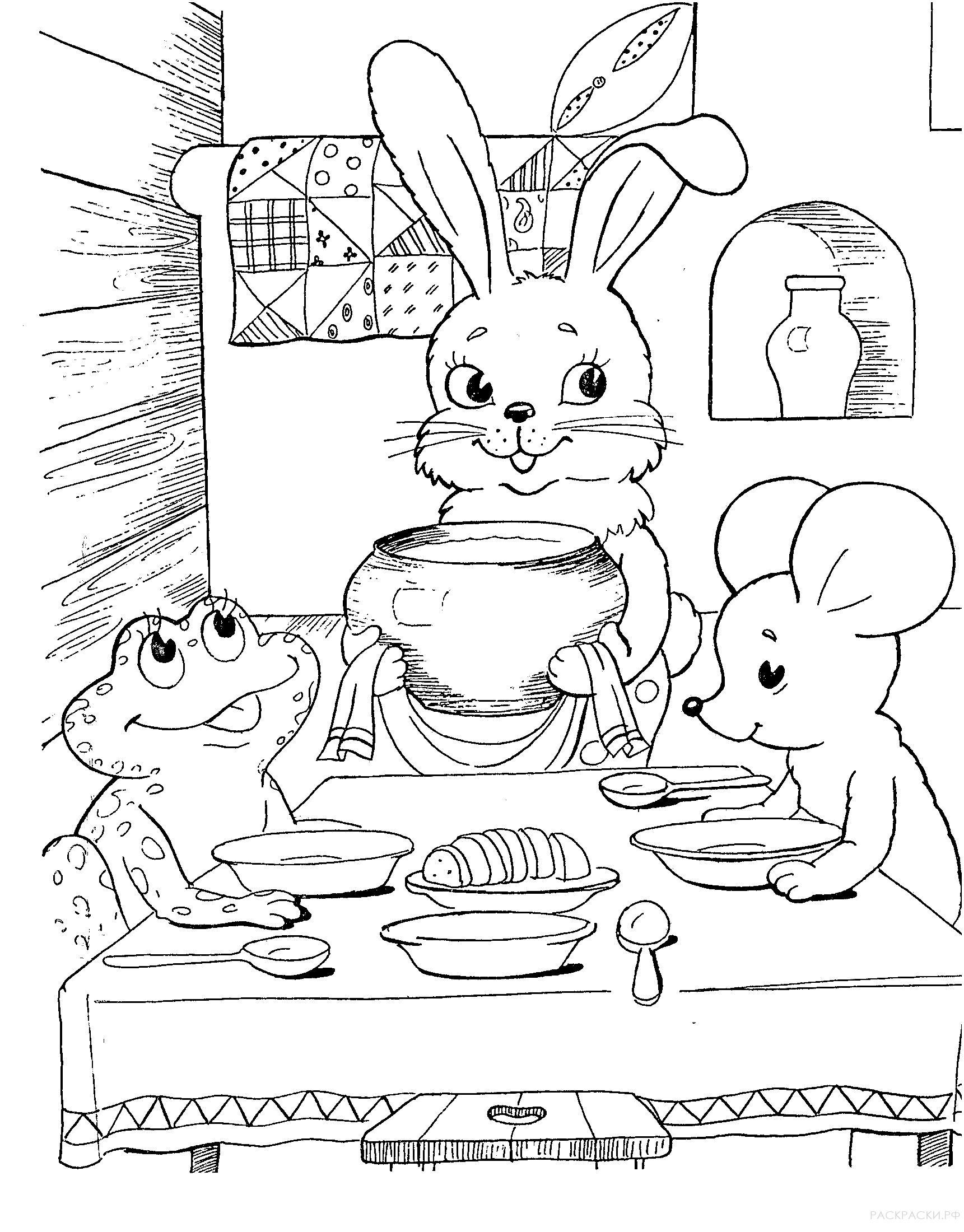Раскраска "Лягушка и мышка с зайцем в теремке"